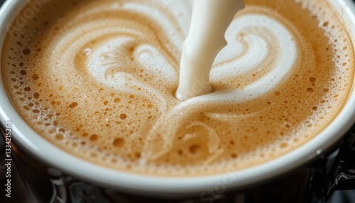 Creamy milk pouring into latte art coffee cup closeup Delicious beverage foam texture