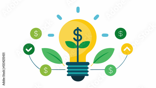 Energy Savings Lightbulb An energyefficient lightbulb surrounded by green vines and currency symbols representing investments in energysaving technologies and innovations.