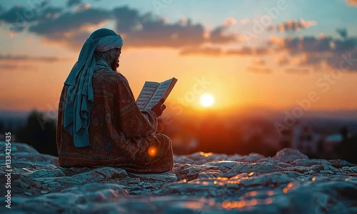 Man Reads Quran at Sunset