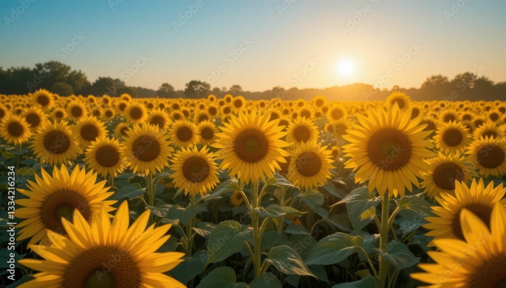 Fototapeta premium Vibrant Sunflower Field at Sunrise Under Clear Blue Sky