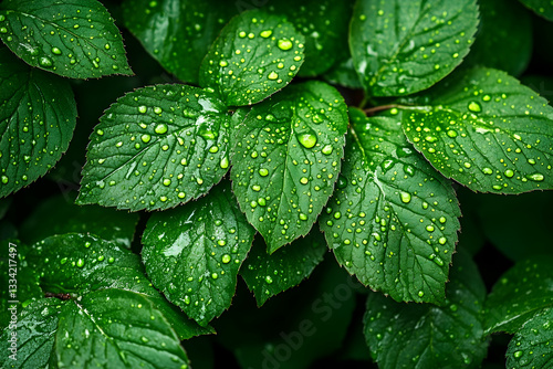 Lush green leaves glistening with dew drops after rain