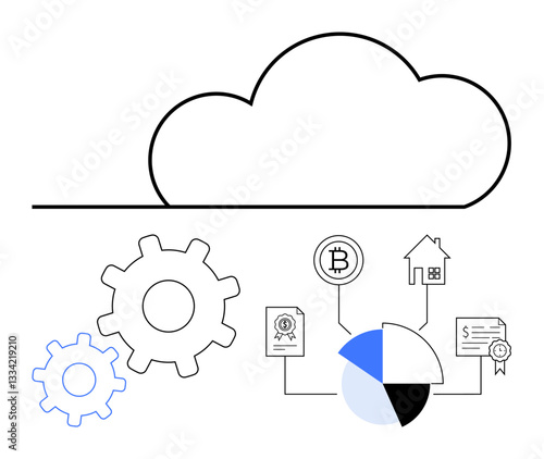 Cloud system above gears, pie chart linking bitcoin, finance, property, and certificates. Ideal for blockchain, fintech, data sharing, real estate cloud storage system integration flat simple