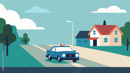 Residential Chase The police car chases the suspect down a quiet suburban street with houses lining the sides and trees swaying in the wind.