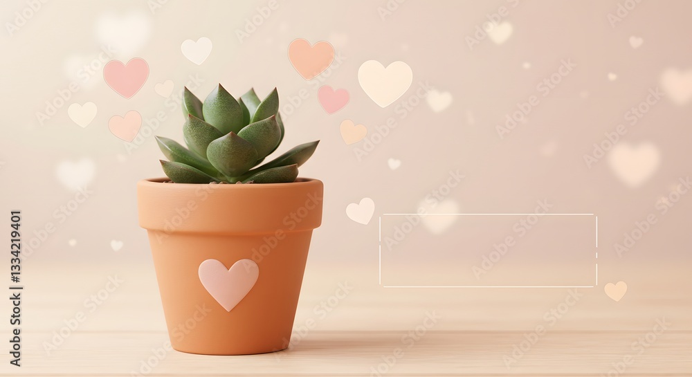 Fototapeta premium Potted Succulent with Heart and Floating Hearts for Valentines Message