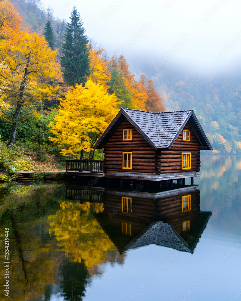 Fototapeta premium Misty autumn lake with log cabin reflection