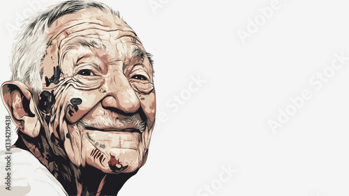 Close-up portrait of an elderly man with a gentle smile. The image is sharply focused on his face, which shows significant wrinkles and age spots.  The background is plain white, drawing attention