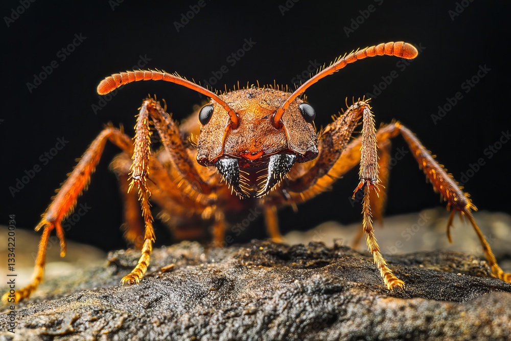 Fototapeta premium Closeup Detailed Macro Photography of a Red Ant on Wood Detailed Texture Natural Insect World Wildlife Nature Photography Amazing Ant Species bug leg 