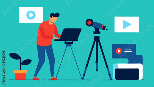 Event Setup A technician adjusting a camera on a tripod surrounded by several microphones and a laptop displaying a streaming interface.