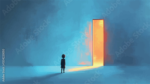 Digital painting or illustration depicting a small, dark-colored child-like figure standing in a dimly lit, blue-toned room facing a brightly lit, orange doorway. The doorway emits a radiant beam