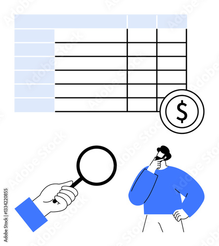 Spreadsheet with financial data and money symbol, magnifying glass examining details, thoughtful person. Ideal for analytics, finance, research, auditing, decision-making data visualization. Flat