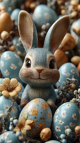 A smiling bunny surrounded by decorated eggs and floral decorations