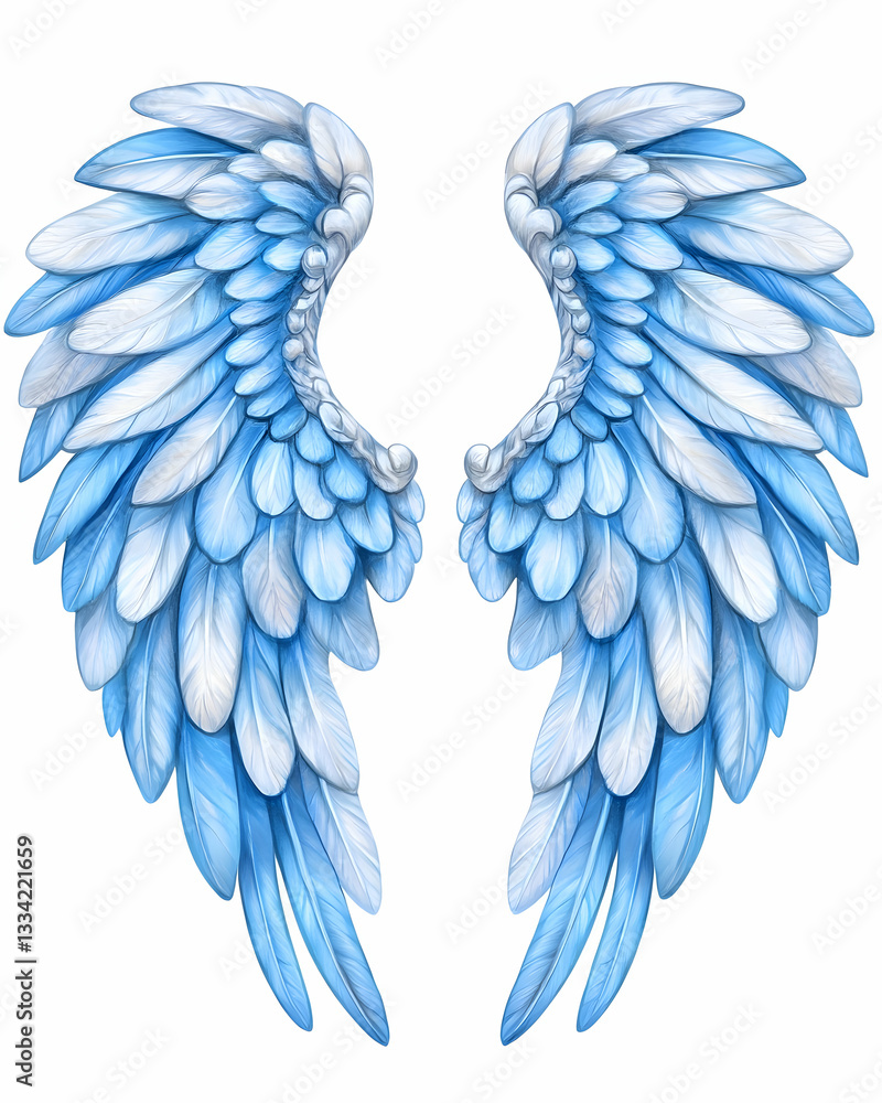Fototapeta premium Pair of light blue and white feathered wings, isolated on white background