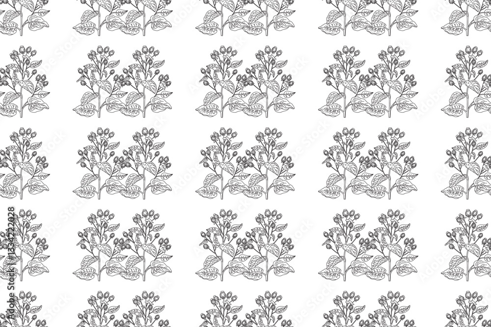 Obraz premium Line art botanical seamless floral pattern with wildflowers vector illustration.Black and white outline repeating plant in white background. Graphic design for Fashion Cover Textile Coloring Page Card
