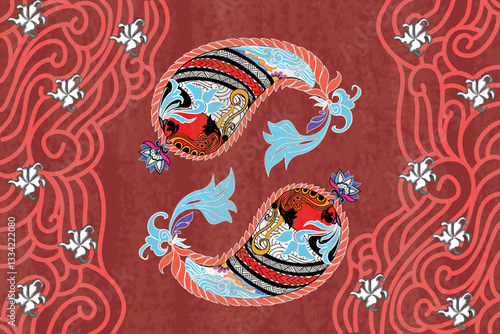
"Two fish swim gracefully in the ocean, adorned with intricate ancient Asian patterns. The red background enhances the design, symbolizing luck and harmony."