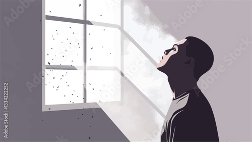 A minimalist illustration depicting a man standing indoors, looking up towards a window. The style is simplistic, utilizing a muted grayscale palette with subtle shading to suggest depth and form.