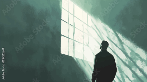 The image shows a dark silhouette of a man standing in a dimly lit interior space.  A large window is to his right, allowing bright sunlight to stream into the room, creating strong rays and