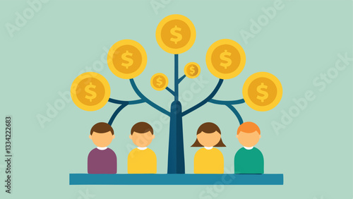 Family Tree with Growing Coins A stylized family tree with branches that end in coin stacks representing generational support and savings for future expenses.