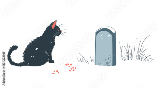 A digital illustration depicts a black cat sitting in the snow facing a small, simple grey gravestone.  The snow is lightly covering the ground, and there are small, red, berry-like objects