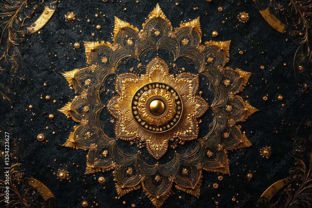 Ornate gold mandala on black background intricate design luxurious art Ornate gold mandala on black background intricate design luxurious art