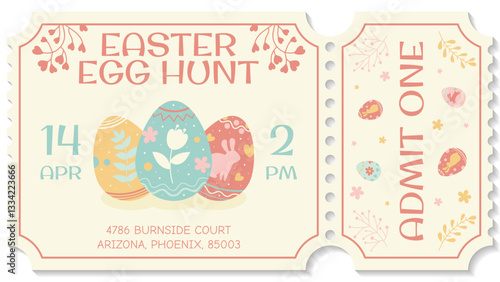 Easter egg hunt admit one ticket with decorated eggs, pastel colored ticket, egg hunt event