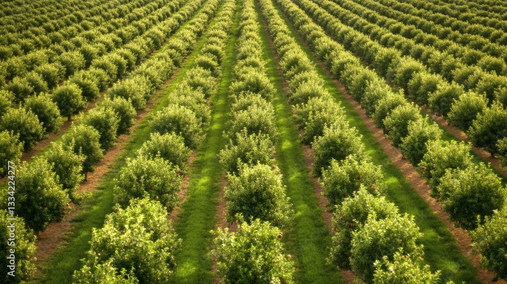 Rows of trees are growing in the large cultivated orchard Rows of trees are growing in the large cultivated orchard