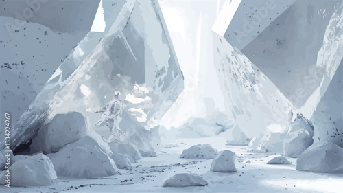 The image depicts the interior of a glacial ice cave.  The scene is dominated by various shades of white and light blue, with textures ranging from smooth, polished ice surfaces to rough, rocky