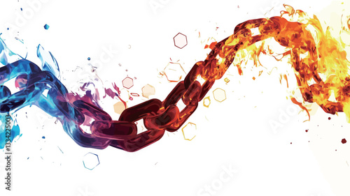 The image depicts a stylized chain rendered in a dynamic, flowing form against a white background.  The chain links are depicted with a gradient color scheme, transitioning from cool blues and icy