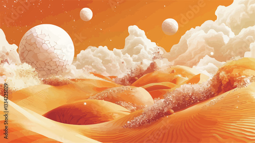 The image depicts a digitally created surreal landscape.  Dominated by orange-hued sand dunes of varying heights and forms, the scene features several large, white, seemingly floating spheres of