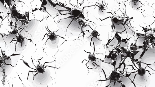 High-contrast monochrome close-up image depicting numerous stylized black spiders on a white background.  The spiders are abstract in form, not photorealistic. They are scattered across the frame