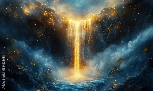 Wallpaper Mural Enchanting Golden Waterfall Flowing into the Ocean amidst Rocky Cliffs Torontodigital.ca