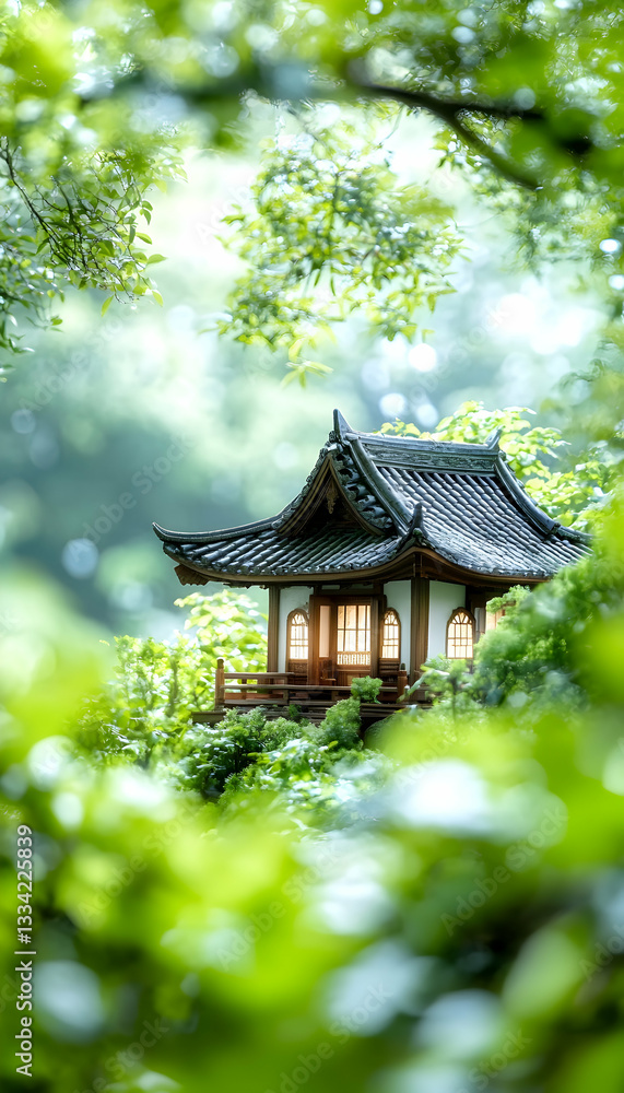 Serene Asian-style pavilion nestled amidst lush green foliage, sunlight filtering through leaves Serene Asian-style pavilion nestled amidst lush green foliage, sunlight filtering through leaves