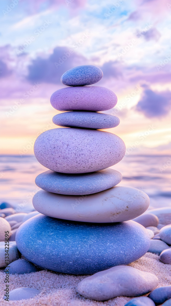 Serene beach sunset with a balanced stack of pastel stones Serene beach sunset with a balanced stack of pastel stones