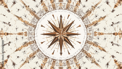 The image presents a digitally created graphic of a compass rose. The compass rose is central,  featuring a  gold and white color palette.  It is highly symmetrical, with a radial design emanating