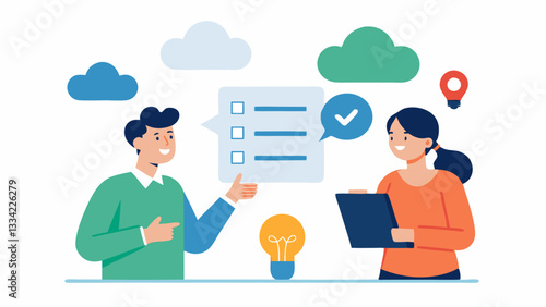 Feedback Session A consultant receiving feedback from a client with both looking at a document detailing subscription offerings and customer feedback surrounded by thought clouds