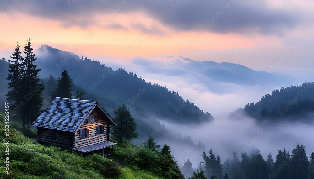 Serene mountain cabin nestled above a misty valley at sunrise Serene mountain cabin nestled above a misty valley at sunrise