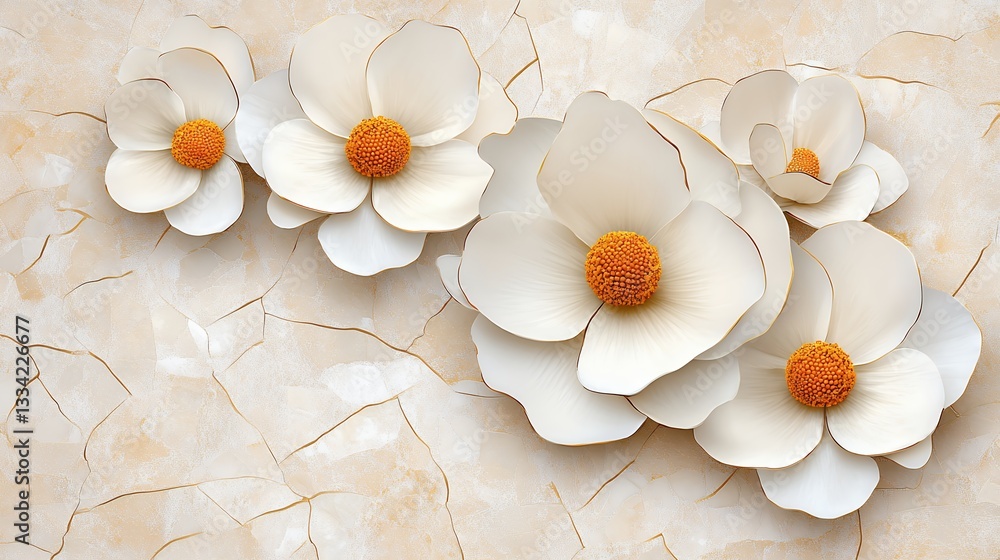 Obraz premium Five White Paper Flowers on Beige Textured Background