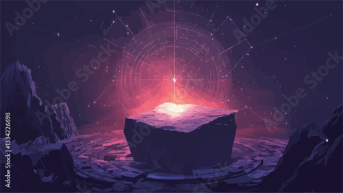 Digital painting depicting a glowing crystal resting on a dark, rocky surface. The crystal emits a bright, reddish-pink light, illuminating the surrounding environment. The background features a