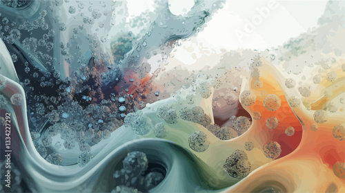 The image presents an abstract composition featuring flowing, swirling forms resembling fluid dynamics.  The forms are rendered in a range of cool and warm colors, primarily blues, greens, and