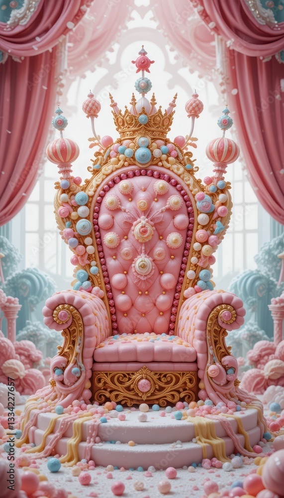 Fototapeta premium Opulent Pink Throne Surrounded by Colorful Candies and Decorations