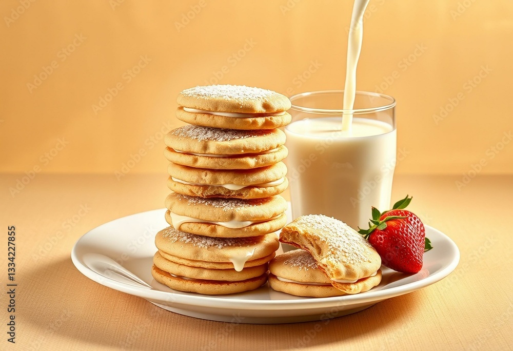 A plate of stacked Alfajores cookies with a glass of milk and fresh strawberries A plate of stacked Alfajores cookies with a glass of milk and fresh strawberries