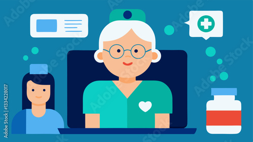 Elderly Patient Consultation An illustration of a nurse attentively listening to an elderly patient on a video call with specific health care items like pill bottles and glasses in