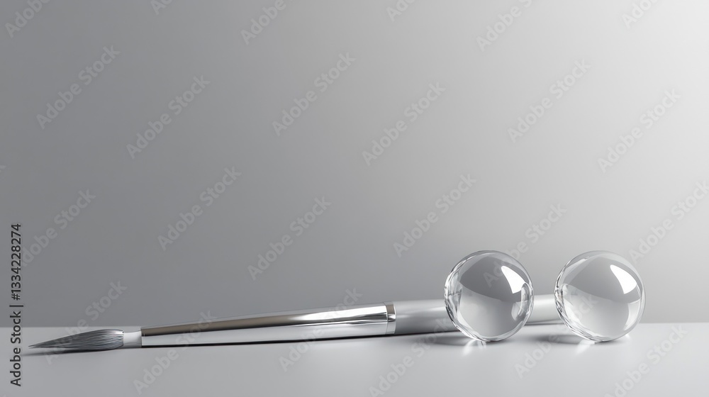 Sleek silver paintbrush and clear glass spheres on a light gray surface Sleek silver paintbrush and clear glass spheres on a light gray surface