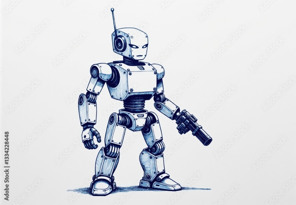 Pen and Ink Drawing of a Boxy Robot with Weapon Pen and Ink Drawing of a Boxy Robot with Weapon