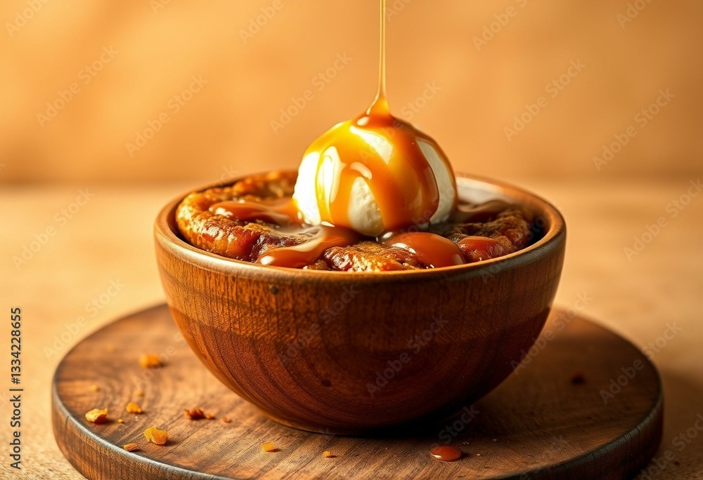 Warm and inviting dessert scene with sticky toffee pudding, ice cream, and caramel sauce Warm and inviting dessert scene with sticky toffee pudding, ice cream, and caramel sauce