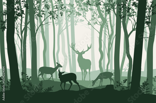 Vector illustration of green forest landscape with trees and deer	