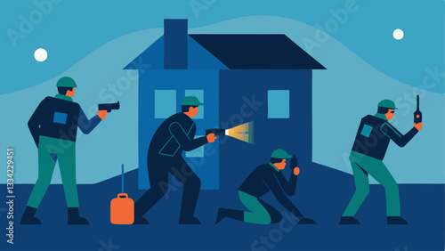 Search and Clear Exercise A team of officers odically searching and clearing rooms in a mock building using flashlights and tactical communication.