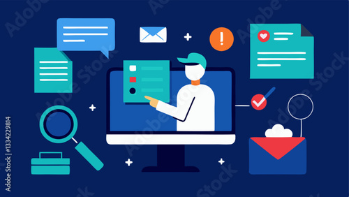 Highlighting Evidence A screen displaying highlighted digital evidence such as emails or files with an investigator taking notes and capturing the findings.