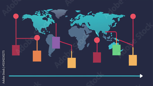 Financial Market Downturn A vector illustration of a stock market ticker displaying downward trends connected to supply chain disruptions affecting global finance.