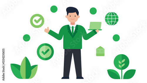 Green Certifications A consultant presenting an array of ecocertification logos to business owners with an air of excitement about achieving sustainability milestones.