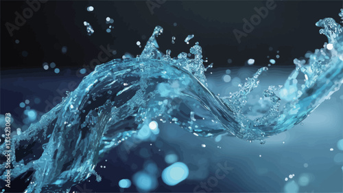 The image showcases a dynamic, abstract depiction of a water splash.  The water is a translucent, light blue hue, with variations in tone and brightness suggesting depth and movement. The splash is